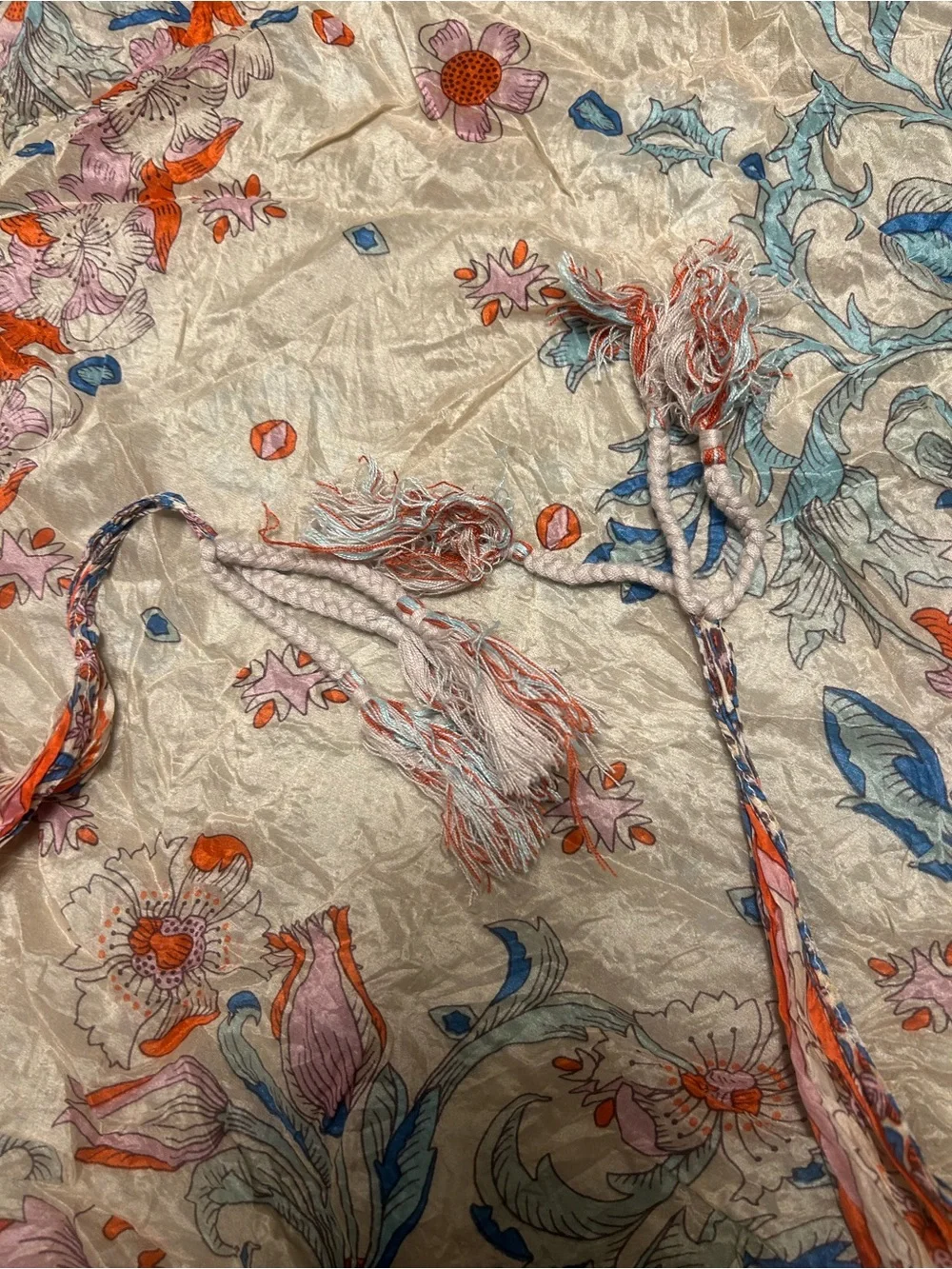 Johnny Was pre loved silk Bohemian 4 tassel scarf